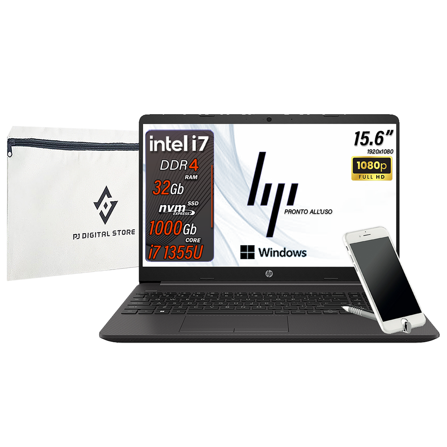 HP 250 G10 , Pc portatile notebook , Intel i7 1355U , Display 15,6" Full HD , Ram 32 Gb , SSD 1000 Gb, Windows 11 Pro , Laptop pronto all'uso (Omaggio Custodia Notebook/Supporto smartphone)
