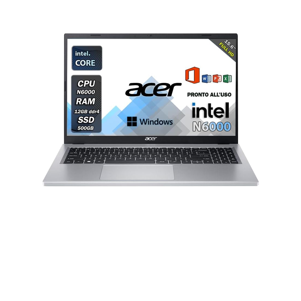 Acer aspire 3 , Pc portatile , Intel N6000 , Display 15,6" Full HD , Ram 12 Gb , SSD 512 Gb, Windows 11 Pro , Office pro, Laptop pronto all'uso