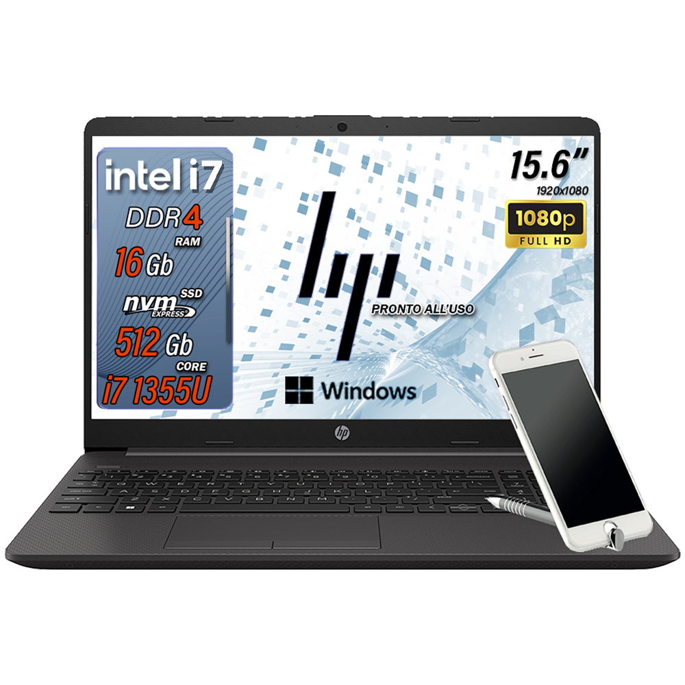 HP 250 G10 , Pc portatile notebook , intel i7 1355U , Display 15,6" Full HD , Ram 16 Gb , SSD 512 Gb, Windows 11 Pro , Laptop pronto all'uso + ( Omaggio Custodia Notebook / Supporto smartphone )