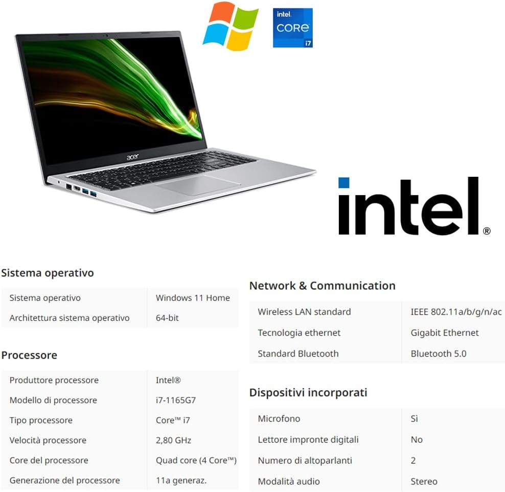 Acer , Pc portatile notebook , Intel i7 1165G7 , Display 15,6" Full HD , Ram 20 Gb , SSD 1500 Gb, Windows 11 Pro , Office pro, Laptop pronto all'uso