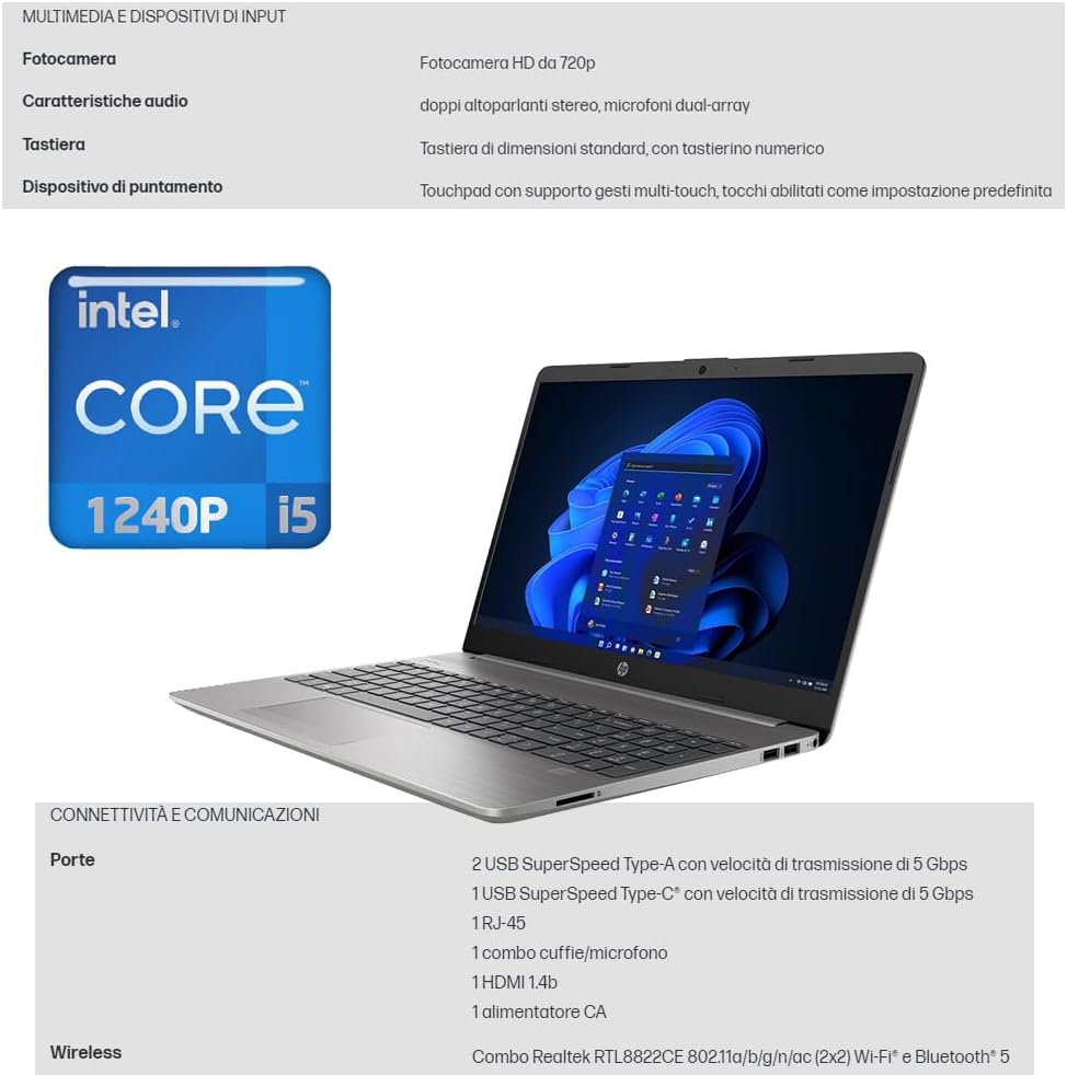 HP 250 G9 , Pc portatile notebook , intel i5 1240P , Display 15,6" Full HD , Ram 16 Gb , SSD 1000 Gb, Windows 11 Pro , Office pro, Laptop pronto all'uso