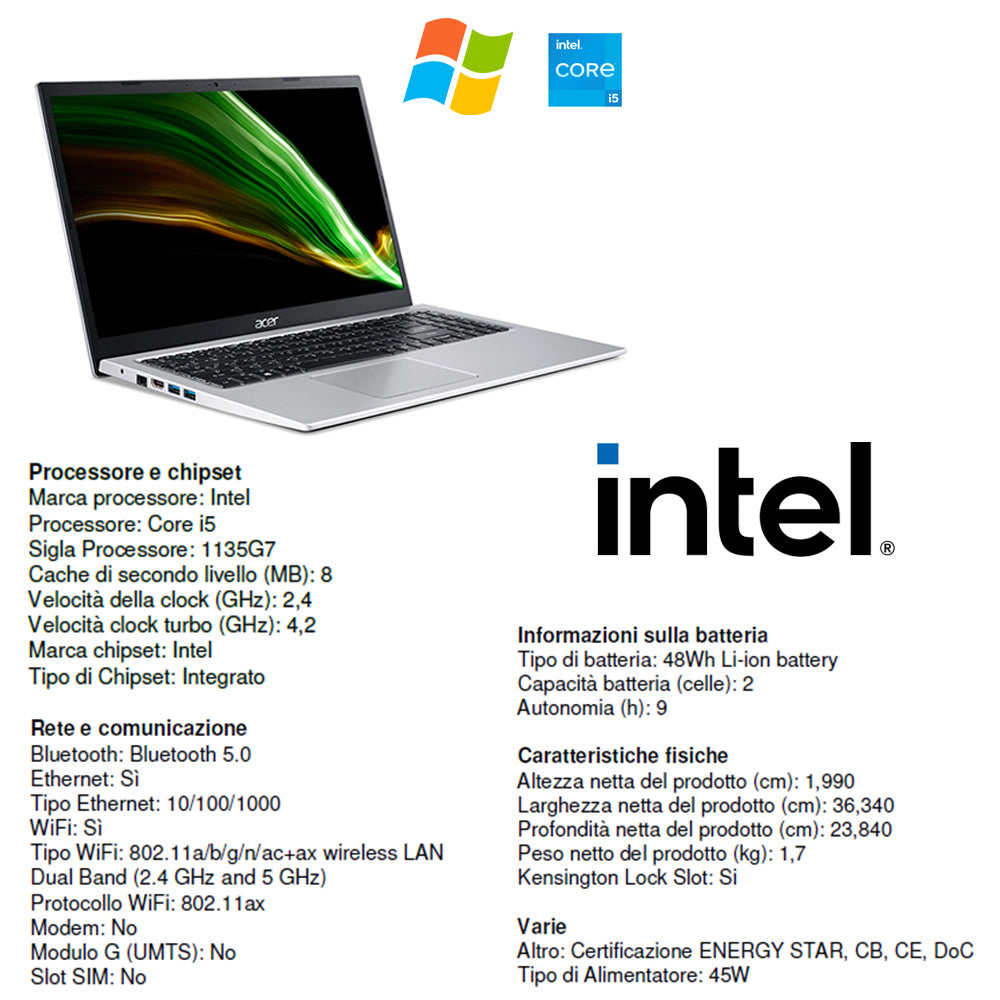 Acer , Pc portatile notebook , Intel i5 1135G7 , Display 15,6" Full HD , Ram 20 Gb , SSD 1000 Gb, Windows 11 Pro , Office pro, Laptop pronto all'uso