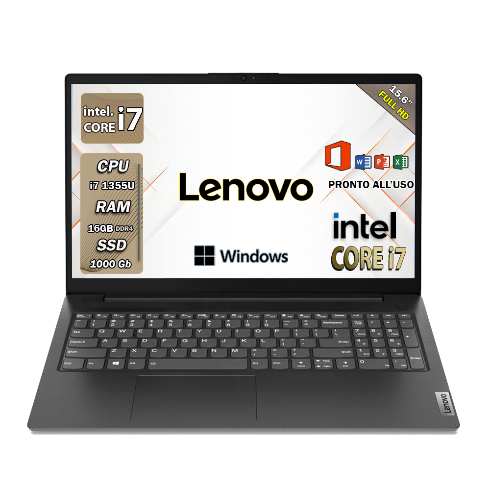 Lenovo , Pc portatile notebook , Intel i7 1355U , Display 15,6" Full HD , Ram 16 Gb , SSD 1000 Gb, Windows 11 Pro , Office pro, Laptop pronto all'uso
