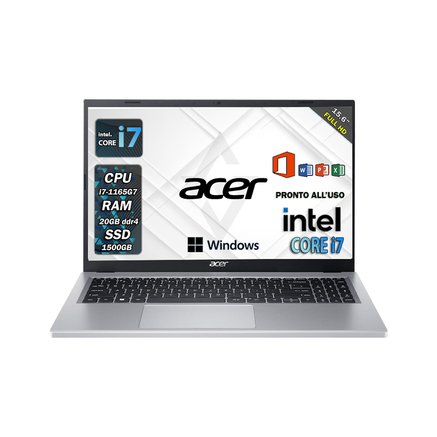 Acer , Pc portatile notebook , Intel i7 1165G7 , Display 15,6" Full HD , Ram 20 Gb , SSD 1500 Gb, Windows 11 Pro , Office pro, Laptop pronto all'uso