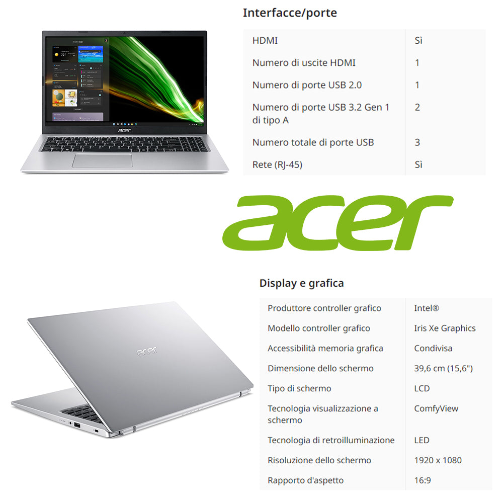 Acer , Pc portatile notebook , Intel i5 1135G7 , Display 15,6" Full HD , Ram 20 Gb , SSD 1000 Gb, Windows 11 Pro , Office pro, Laptop pronto all'uso