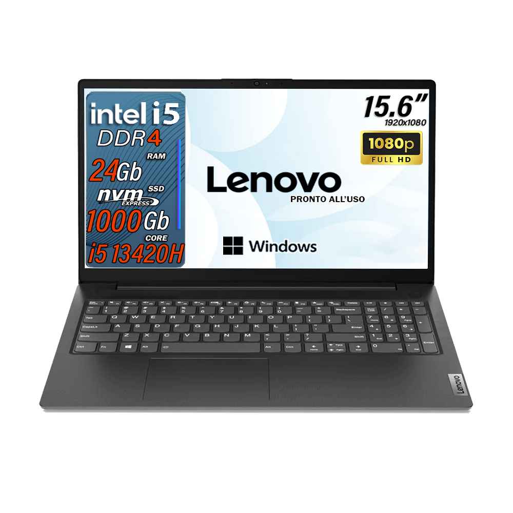 Lenovo Notebook , Pc portatile , Intel i5 13420H , Display 15,6" Full HD , Ram 24 Gb , SSD 1000 Gb, Windows 11 Pro, Laptop pronto all'uso