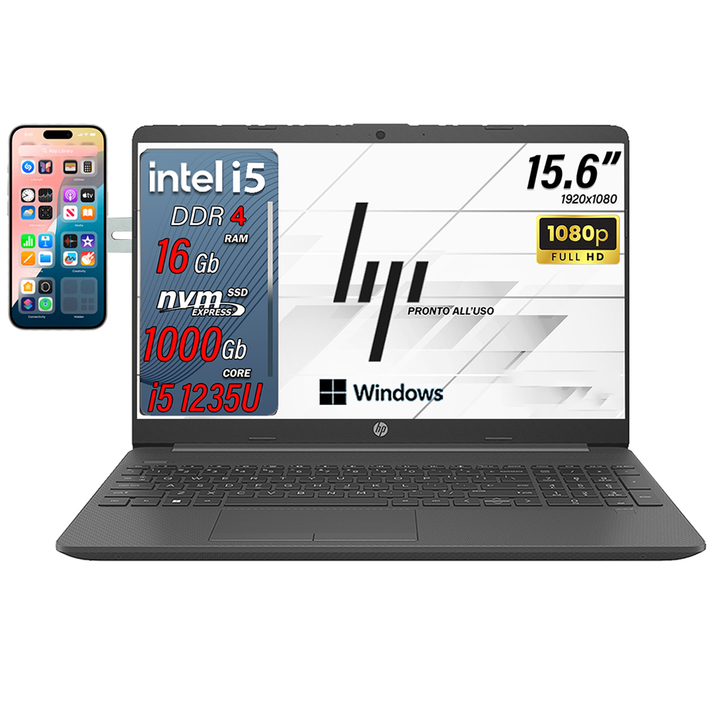 HP 250 G9 Notebook , Pc portatile i5 , intel core 1235U fino a 4,40Ghz , Ram 16Gb Ddr4 , SSD 1 Tb, Display 15.6" FULL HD, Windows 11 Pro  + Supporto Omaggio