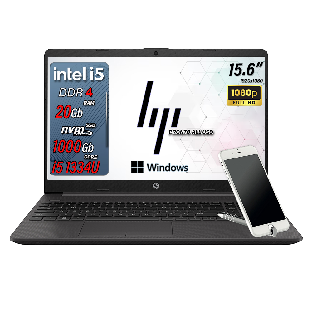 HP 250 G10 , Pc portatile notebook , Intel i5 1334U , Display 15,6" Full HD , Ram 20 Gb , SSD 1000 Gb, Windows 11 Pro , Laptop pronto all'uso + ( Omaggio Custodia notebook / Supporto smartphone )