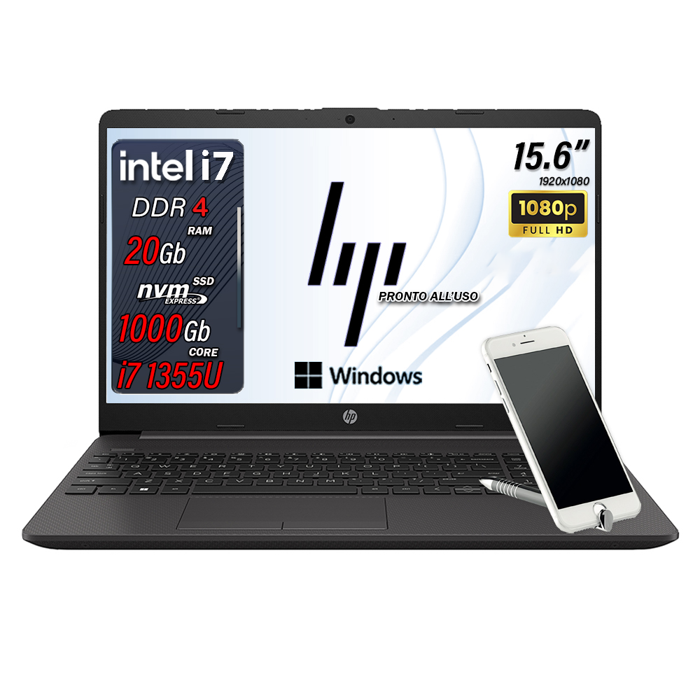 HP 250 G10 , Pc portatile notebook , Intel i7 1355U , Display 15,6" Full HD , Ram 20 Gb , SSD 1000 Gb, Windows 11 Pro,  Laptop pronto all'uso + ( Omaggio Custodia Notebook / Supporto smartphone )