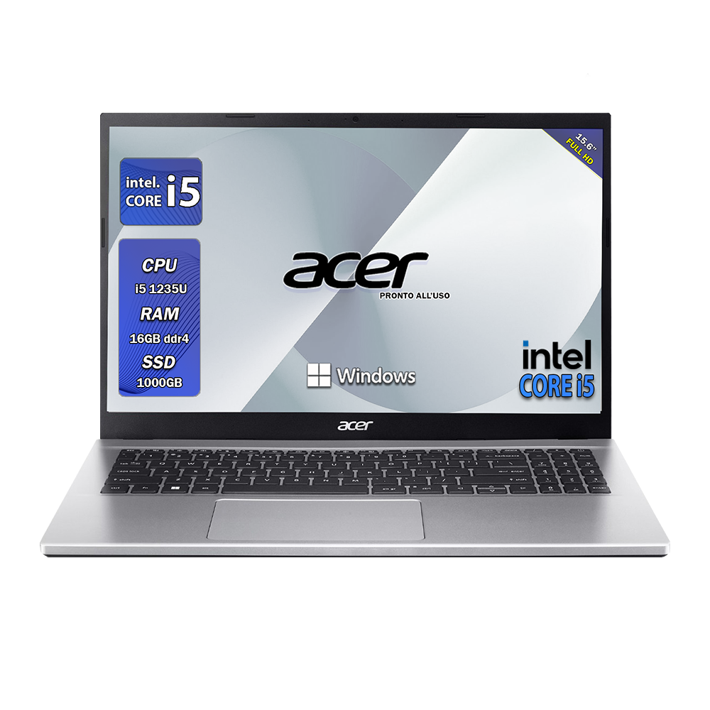 Acer , Pc portatile notebook , Intel i5 1235U , Display 15,6" Full HD , Ram 16 Gb , SSD 1000 Gb, Windows 11 Pro, Laptop pronto all'uso