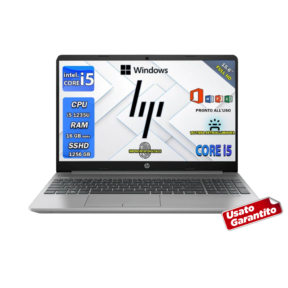 HP 250 G9 , notebook Intel i5 1235U , Display 15,6" Full HD , Ram 16 Gb , SSHD 1256 Gb, Fingerprint ,Windows 11 Pro ,Office pro - RIGENERATO
