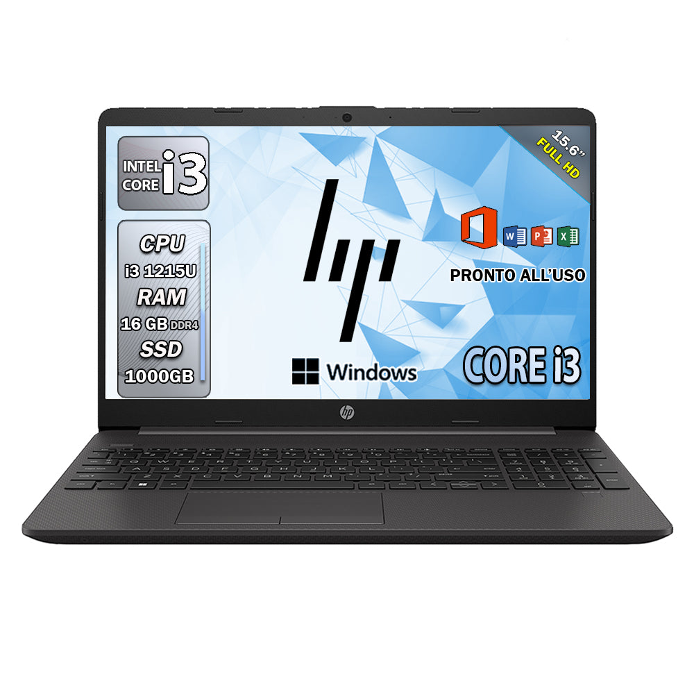 HP 250 G9 , Pc portatile notebook , Intel i3 1215U , Display 15,6" Full HD , Ram 16 Gb , SSD 1000 Gb, Windows 11 Pro , Office pro, Laptop pronto all'uso