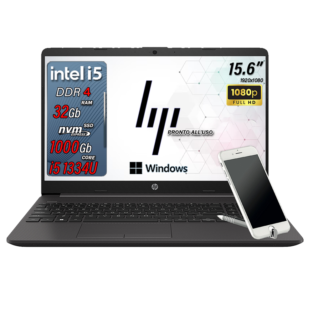 HP 250 G10 , Pc portatile notebook , Intel i5 1334U , Display 15,6" Full HD , Ram 32 Gb , SSD 1000 Gb, Windows 11 Pro, Laptop pronto all'uso + ( Omaggio Custodia notebook / Supporto smartphone )