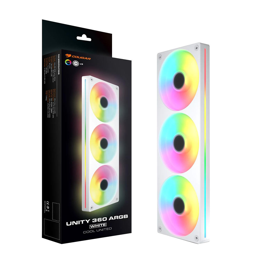 KIT VENTOLE COUGAR UNI360-FB (3x 120mm in Blocco Unico - ARGB PWM - Reverse Blade - BIANCO)