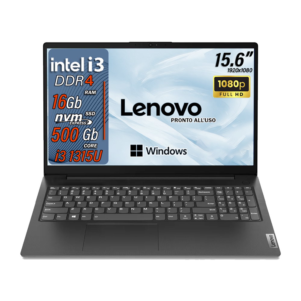 Lenovo Notebook , Pc portatile , Intel i3 1315U , Display 15,6" Full HD , Ram 16 Gb , SSD 500 Gb, Windows 11 Pro, Laptop pronto all'uso