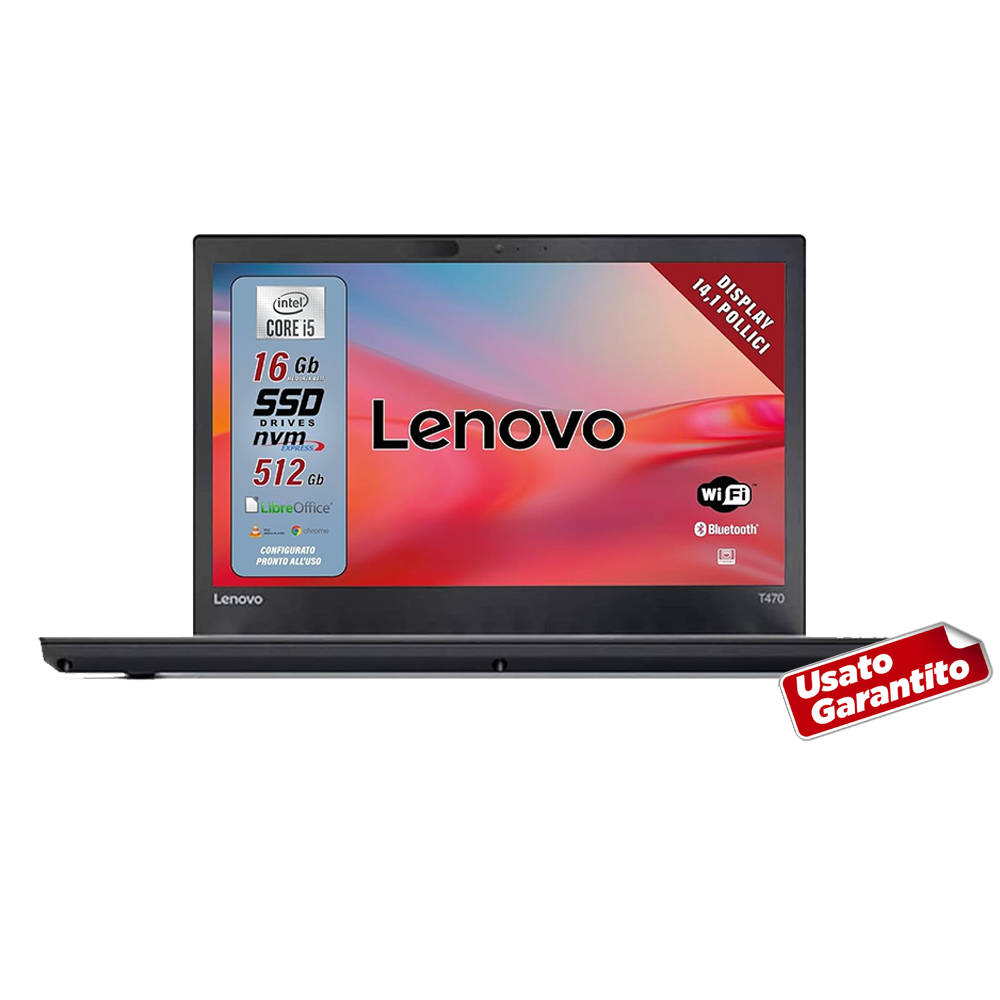 Lenovo, Pc portatile Intel Core i5 Pronto All'Uso con Pacchetto Office, Notebook Con Display HD da 14", Ram 16Gb, SSD 512Gb  - RIGENERATO