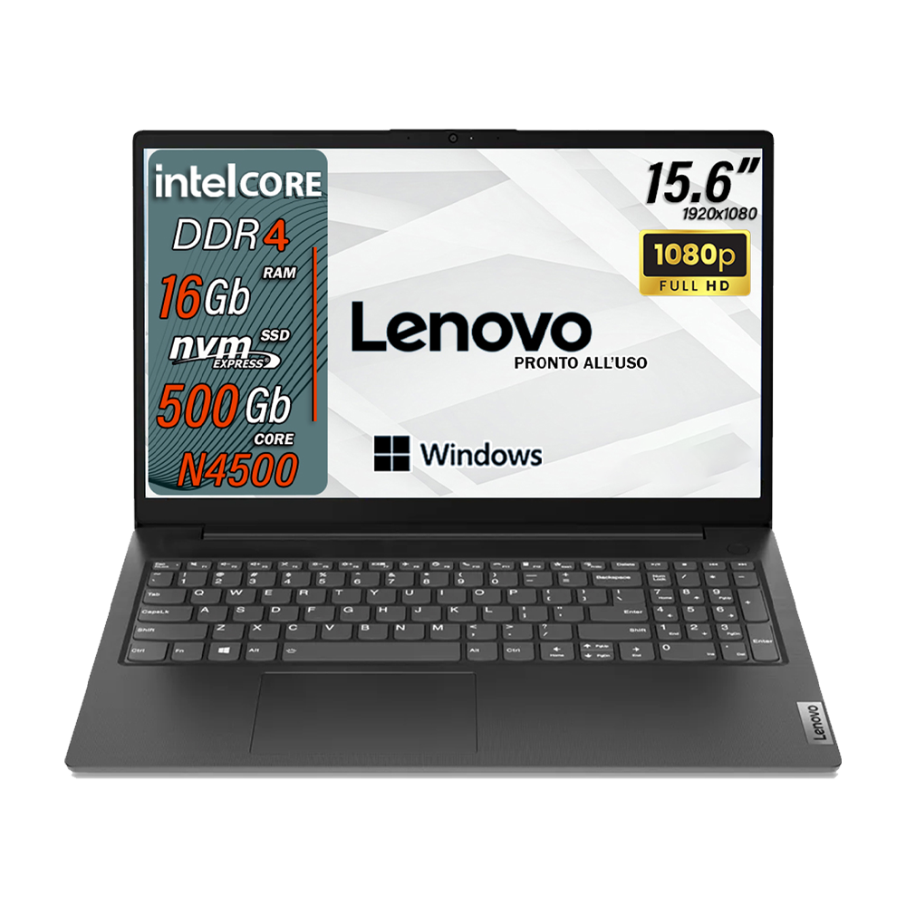 Lenovo Notebook , Pc portatile , Intel Celeron N4500 , Display 15,6" Full HD , Ram 16 Gb , SSD 500 Gb, Windows 11 Pro, Laptop pronto all'uso