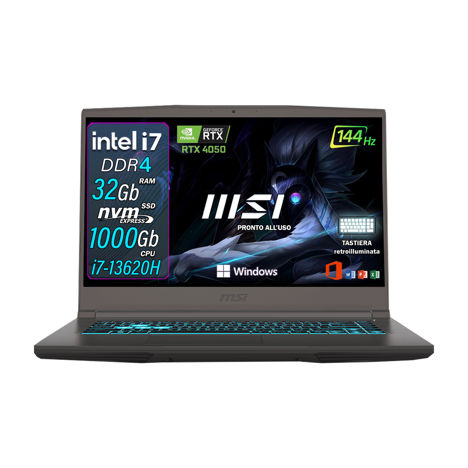 MSI Thin 15 Notebook, PC Portatile Gaming Intel i7-13620H, NVIDIA RTX 4050 6GB, RAM 32GB DDR4, Display 15,6" FHD 144Hz, SSD 1000GB, Tastiera Retroilluminata, Windows 11 Pro, Laptop Gaming Pronto all'Uso