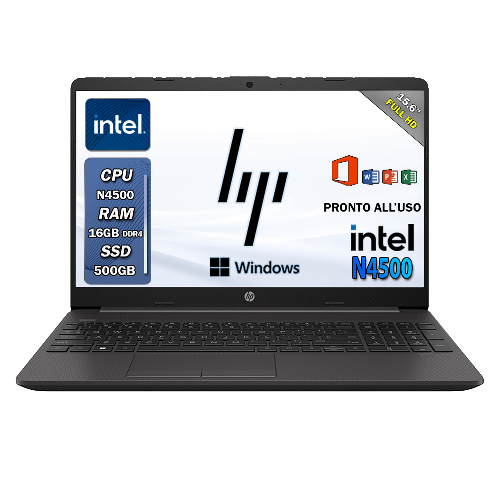 HP 250 G9 , Pc portatile , Intel N4500 , Display 15,6" Full HD , Ram 16 Gb , SSD 500 Gb, Windows 11 Pro , Office pro, Laptop pronto all'uso