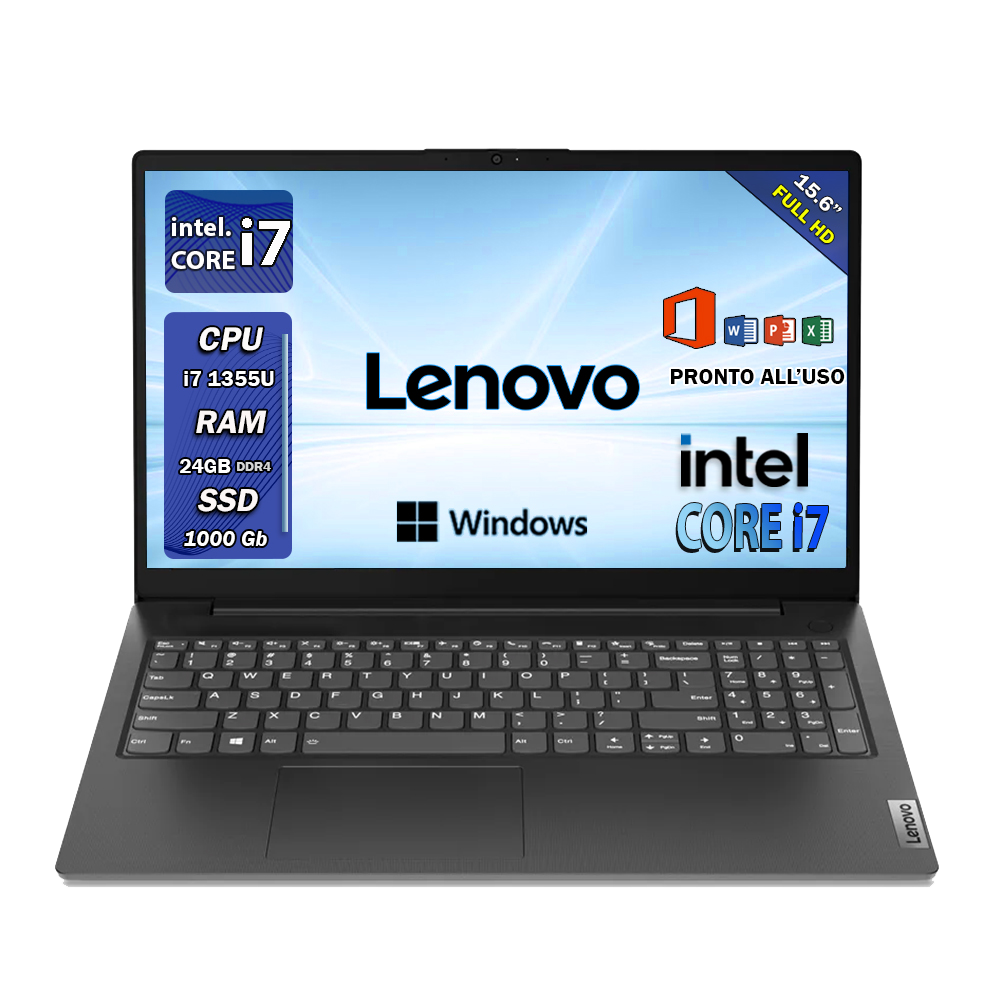 Lenovo , Pc portatile notebook , Intel i7 1355U , Display 15,6" Full HD , Ram 24 Gb , SSD 1000 Gb, Windows 11 Pro , Office pro, Laptop pronto all'uso
