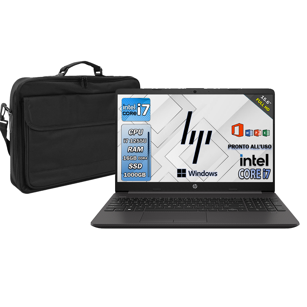 HP 250 G9 , Pc portatile notebook , Intel i7 1255U , Display 15,6" Full HD , Ram 16 Gb , SSD 1000 Gb, Windows 11 Pro , Borsa Inclusa , Office pro, Laptop pronto all'uso