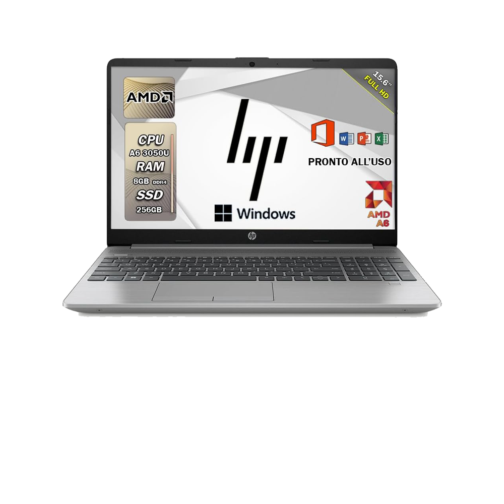 HP 255 G9 , Pc portatile notebook , AMD 3050U , Display 15,6" Full HD , Ram 8 Gb , SSD 256 Gb, Windows 11 Pro , Office pro, Laptop pronto all'uso