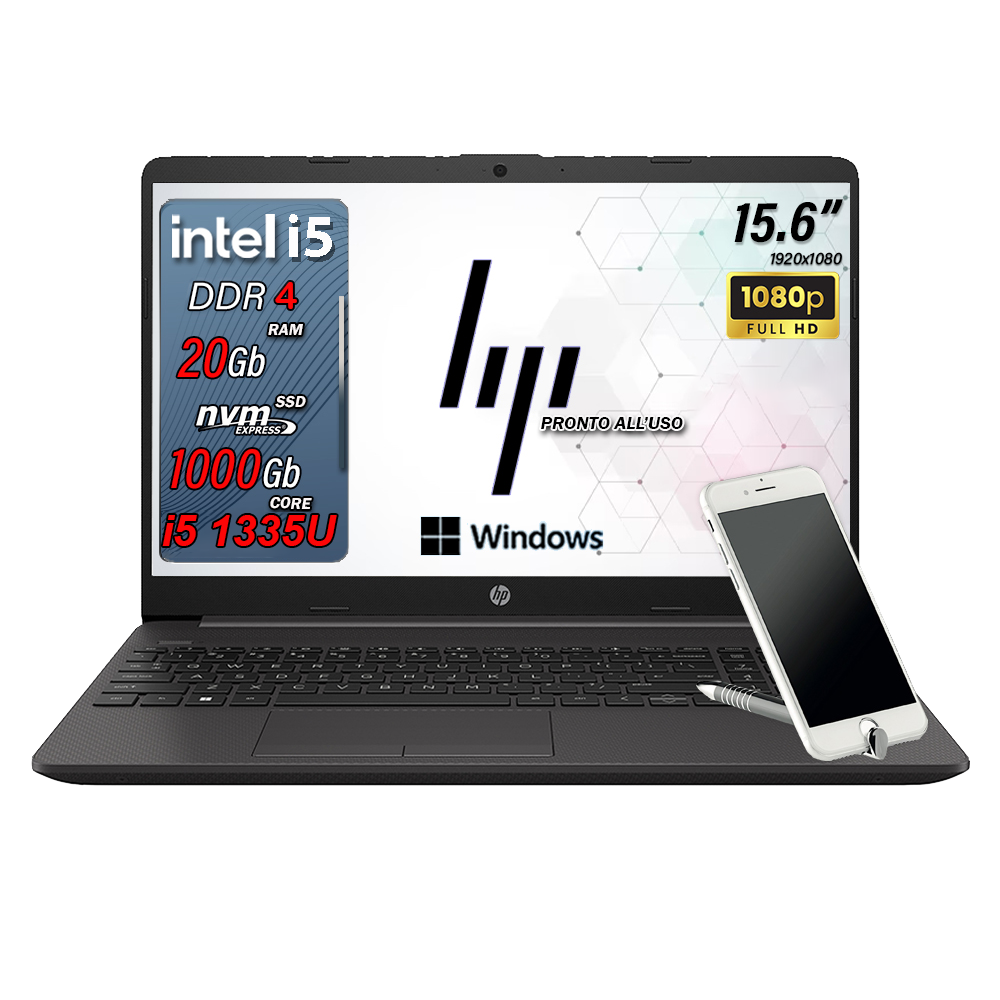HP 250 G9 , Pc portatile notebook , Intel i5 1335U , Display 15,6" Full HD , Ram 20 Gb , SSD 1000 Gb, Windows 11 Pro , Laptop pronto all'uso + ( Omaggio Custodia notebook / Supporto smartphone ) (Copia)