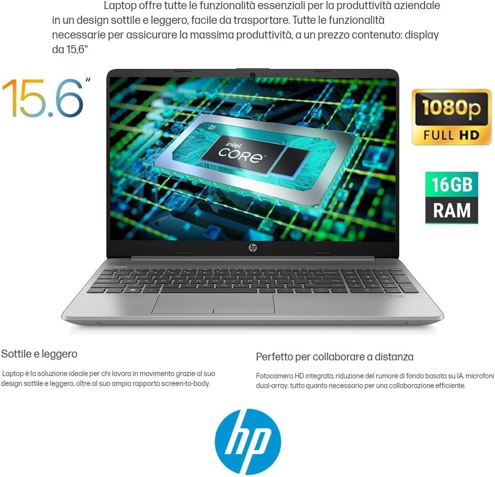 HP 250 G9 , Pc portatile notebook , intel i5 1240P , Display 15,6" Full HD , Ram 16 Gb , SSD 512 Gb, Windows 11 Pro , Office pro, Laptop pronto all'uso