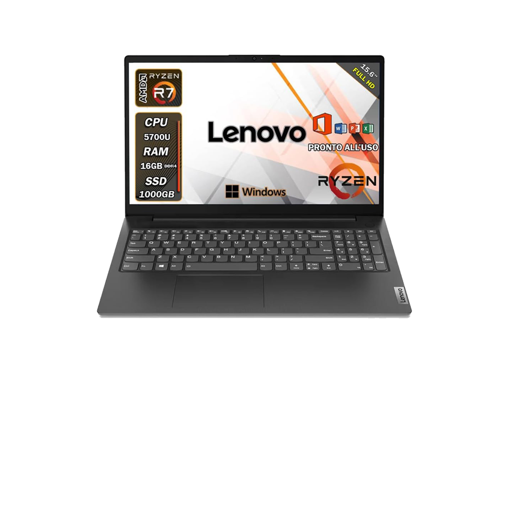 Lenovo Notebook , Pc portatile , Ryzen 7 5700U , Display 15,6" Full HD , Ram 16 Gb , SSD 1000 Gb, Windows 11 Pro , Office pro, Laptop pronto all'uso