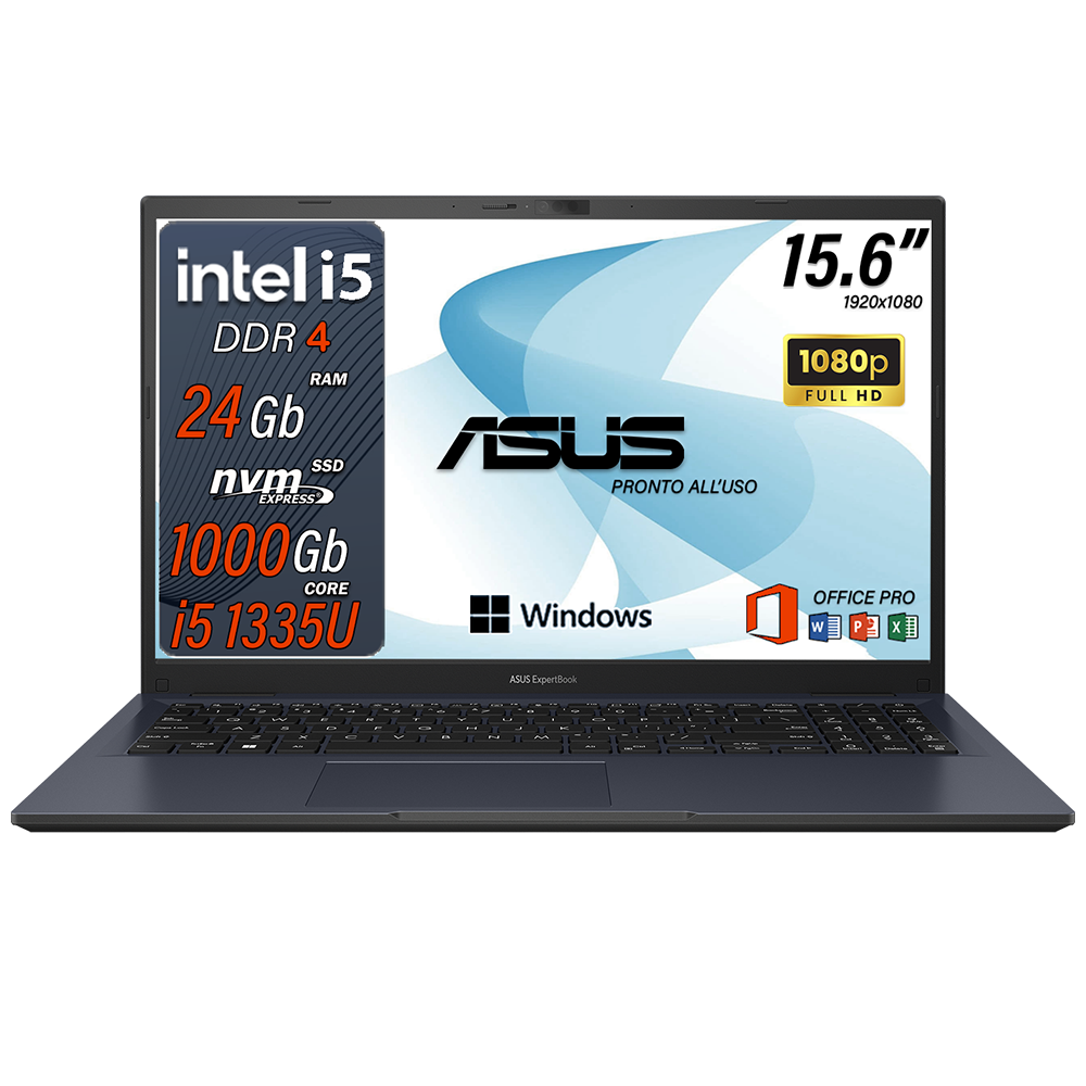 ASUS notebook i5 , Expertbook , pc portatile i5 1335U , ram 24 Gb , Ssd 1 Tb Nwme , IRIS Xe UHD , Display 15.6 , Wi fi 6 , Bt, Windows 11 Pro, Office Pro , Laptop i5 pronto all'utilizzo
