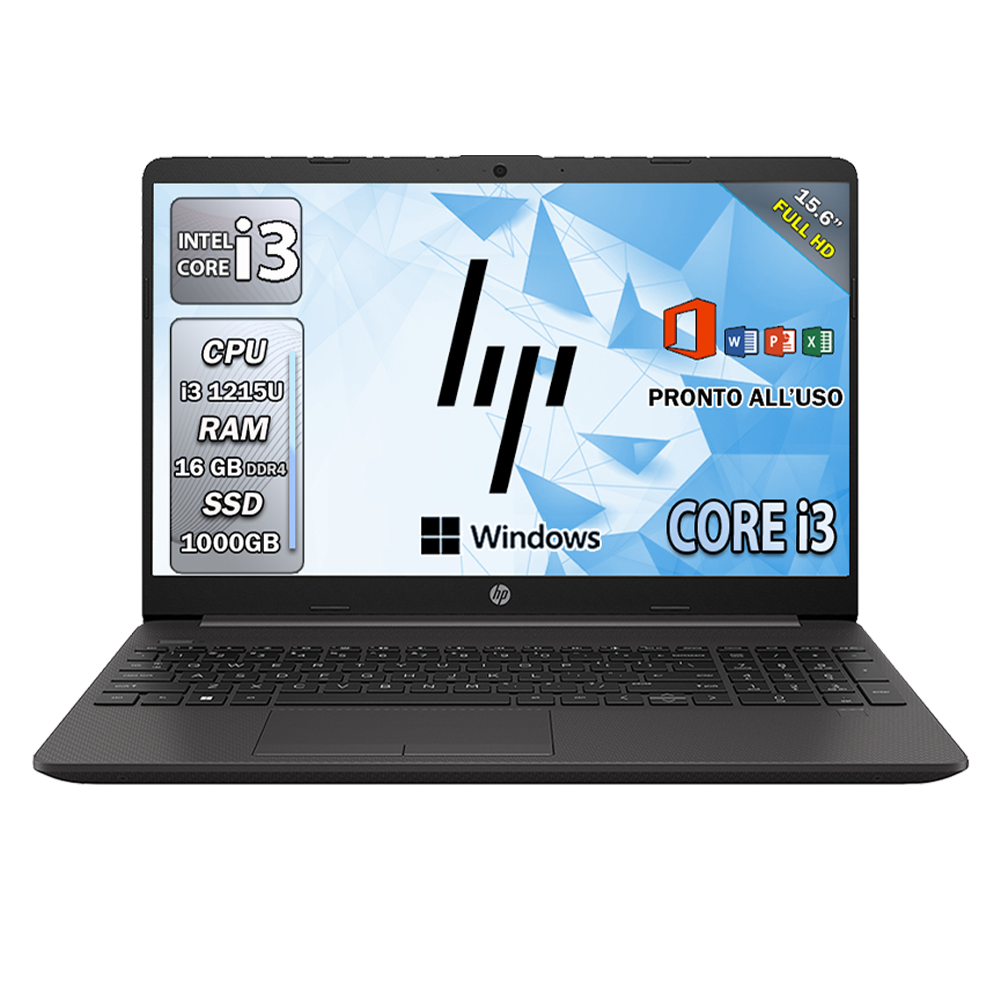 HP 250 G9 , Pc portatile notebook , Intel i3 1215U , Display 15,6" Full HD , Ram 16 Gb , SSD 1000 Gb, Windows 11 Pro , Office pro, Laptop pronto all'uso