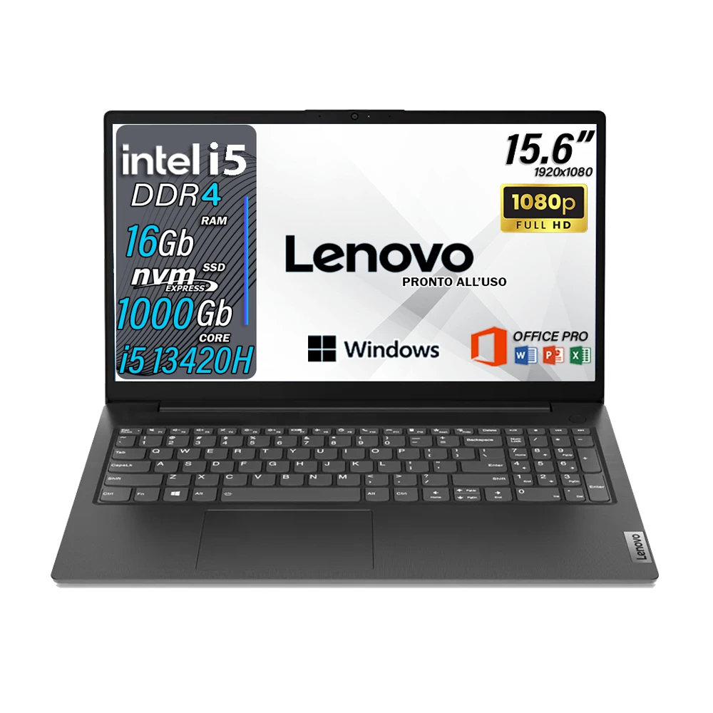 Lenovo Notebook , Pc portatile , Intel i5 13420H , Display 15,6" Full HD , Ram 16 Gb , SSD 1000 Gb, Windows 11 Pro , Office pro, Laptop pronto all'uso