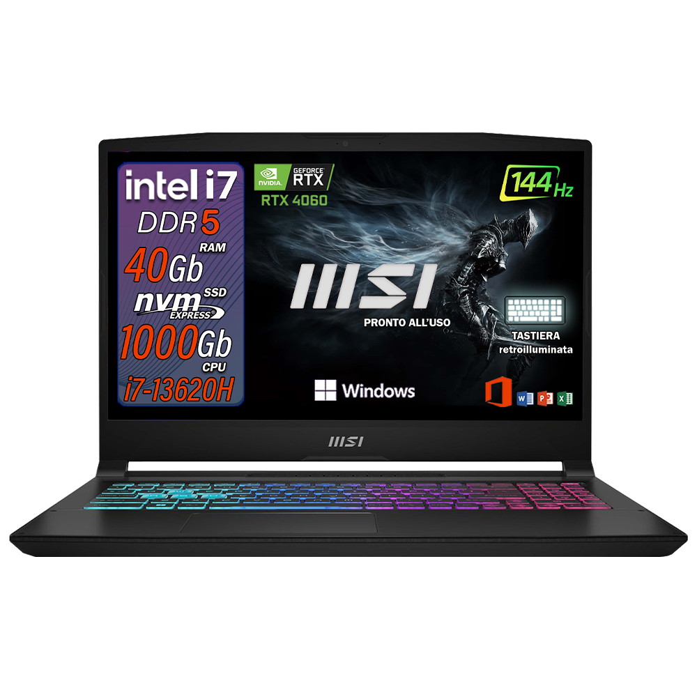 MSI Katana Notebook, PC Portatile Gaming Intel i7-13620H, RTX 4060 8GB, RAM 40 GB DDR5, Display 15,6" FHD 144Hz, SSD 1000GB, Tastiera Retroilluminata RGB, Windows 11 Pro, Laptop Pronto all'Uso