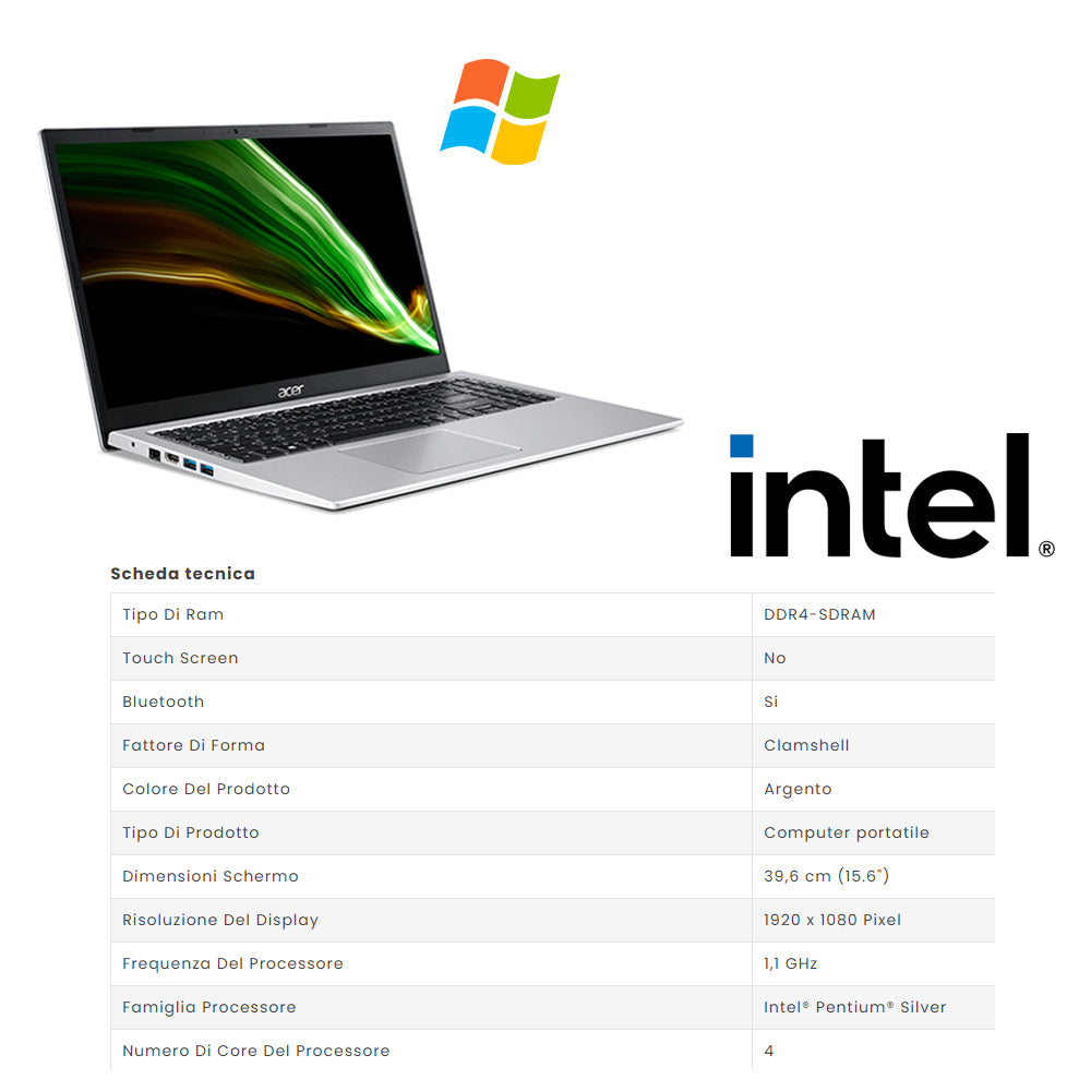 Acer aspire 3 , Pc portatile , Intel N6000 , Display 15,6" Full HD , Ram 16 Gb , SSD 1256 Gb, Windows 11 Pro , Office pro, Laptop pronto all'uso