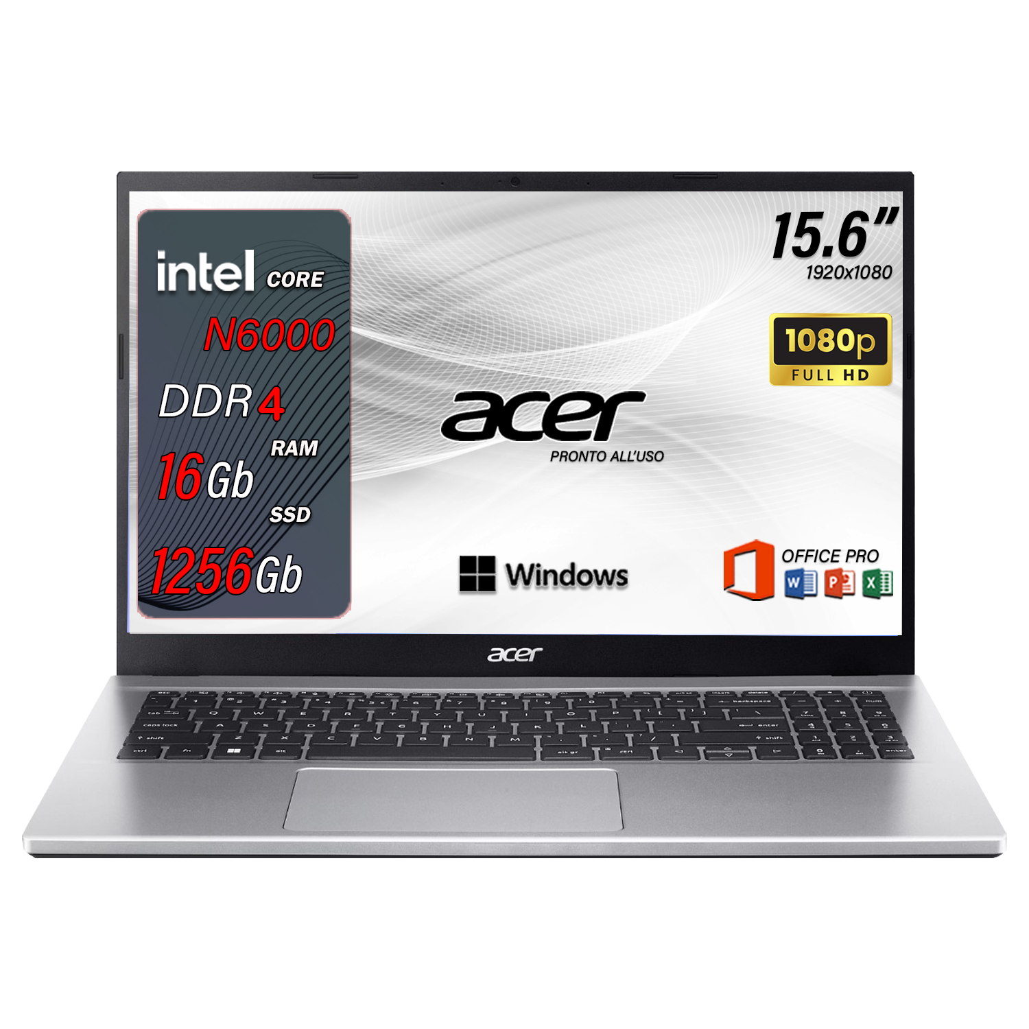 Acer aspire 3 , Pc portatile , Intel N6000 , Display 15,6" Full HD , Ram 16 Gb , SSD 1256 Gb, Windows 11 Pro , Office pro, Laptop pronto all'uso