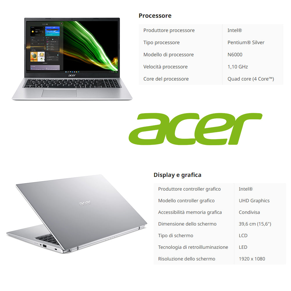 Acer aspire 3 , Pc portatile , Intel N6000 , Display 15,6" Full HD , Ram 16 Gb , SSD 1256 Gb, Windows 11 Pro , Office pro, Laptop pronto all'uso