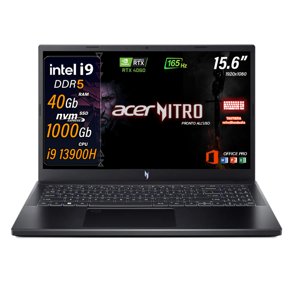 Acer Nitro V15 , Notebook gaming i9 13900H , RTX 4060 8 GB GDDR6 , Ram 40  Gb DDR5 , Ssd 1 Tb NVMe , Display 15.6" IPS 165 Hz, tastiera retroilluminata, Thunderbolt 4.0, Windows 11