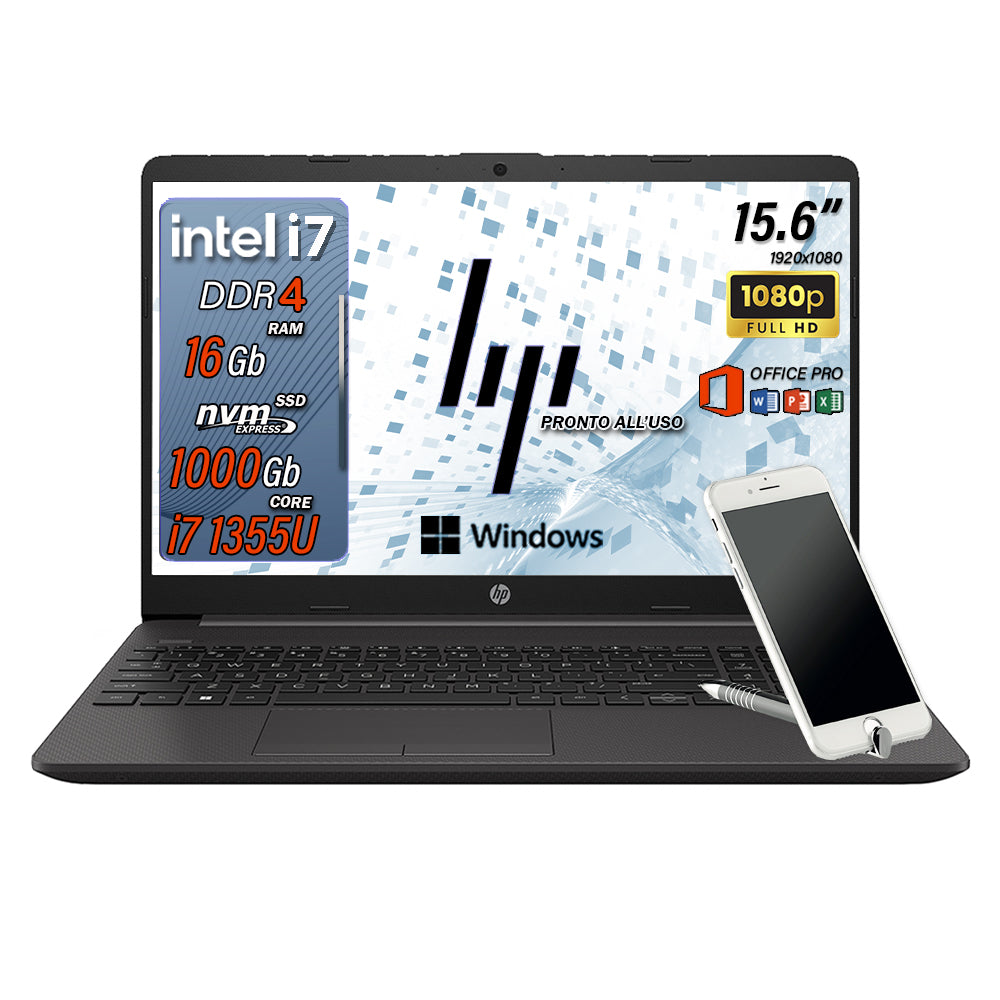 HP 250 G10 , Pc portatile notebook , intel i7 1355U , Display 15,6" Full HD , Ram 16 Gb , SSD 1000 Gb, Windows 11 Pro , Office pro, Laptop pronto all'uso + ( Omaggio Custodia Notebook / Supporto smartphone )