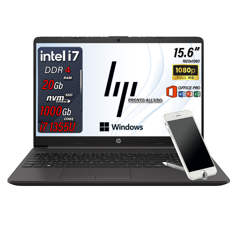 HP 250 G10 , Pc portatile notebook , Intel i7 1355U , Display 15,6" Full HD , Ram 20 Gb , SSD 1000 Gb, Windows 11 Pro , Office pro, Laptop pronto all'uso + ( Omaggio Custodia Notebook / Supporto smartphone )