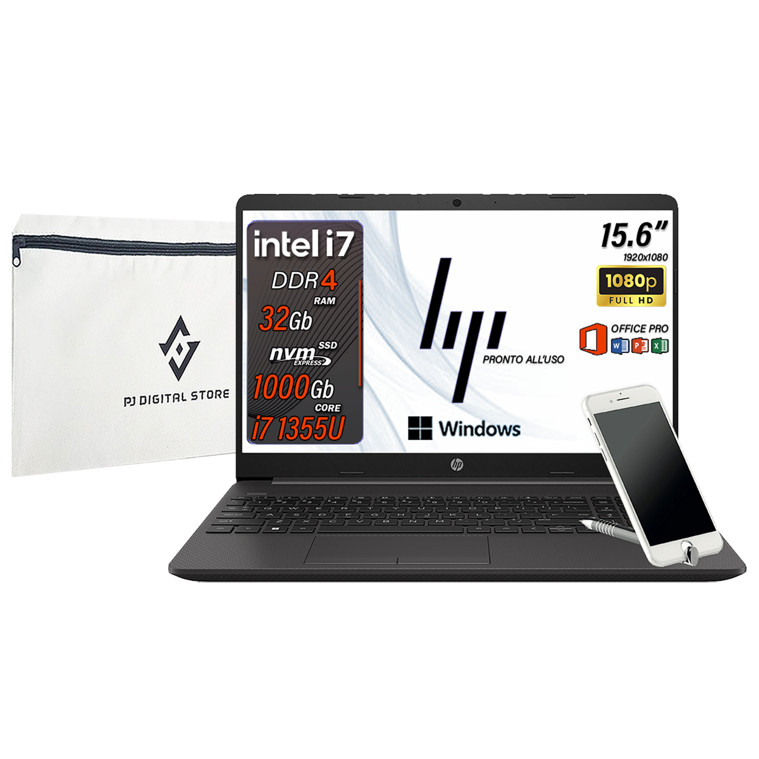 HP 250 G10 , Pc portatile notebook , Intel i7 1355U , Display 15,6" Full HD , Ram 32 Gb , SSD 1000 Gb, Windows 11 Pro , Office pro, Laptop pronto all'uso  (Omaggio Custodia Notebook/Supporto smartphone)