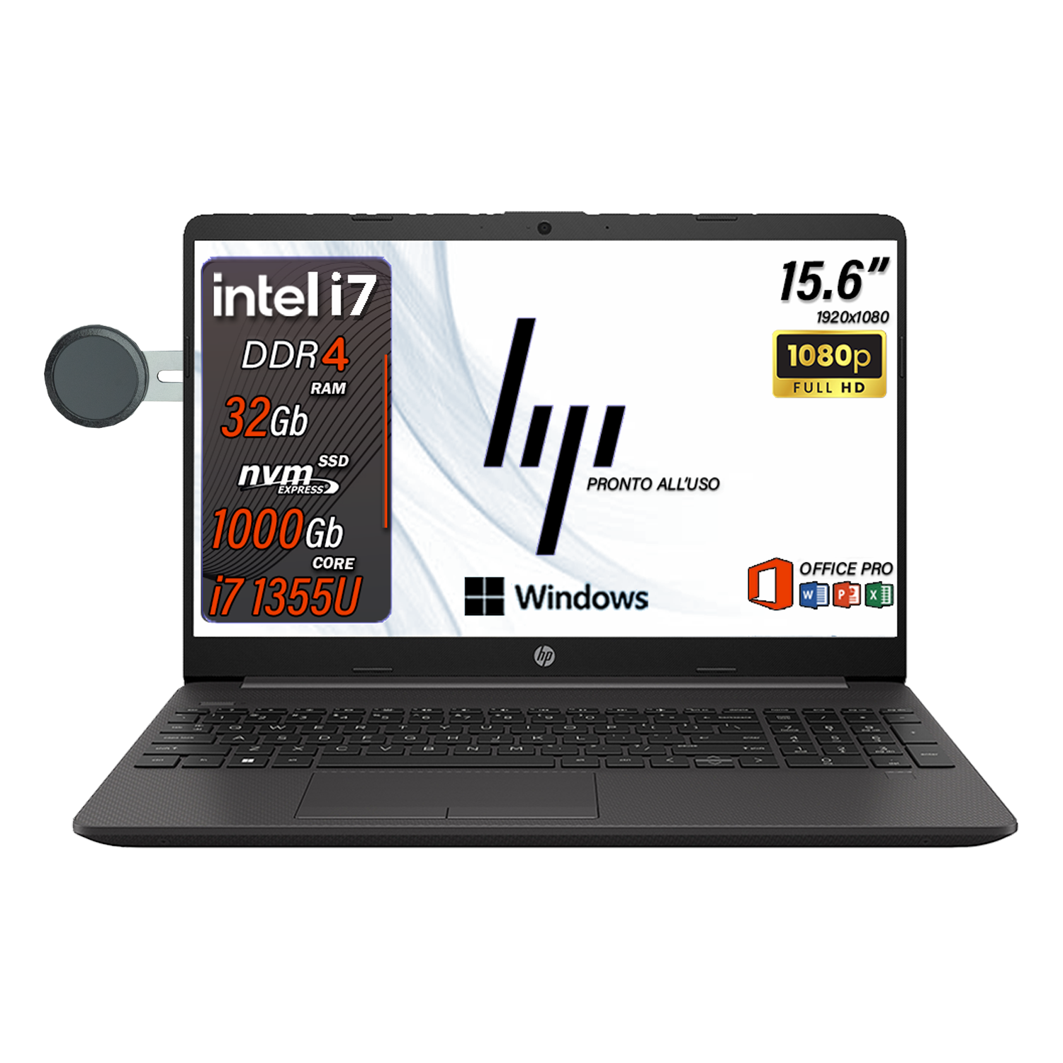 HP 250 G10 , Pc portatile notebook , Intel i7 1355U , Display 15,6" Full HD , Ram 32 Gb , SSD 1000 Gb, Windows 11 Pro , Office pro, Laptop pronto all'uso  (Omaggio Custodia Notebook/Supporto smartphone)