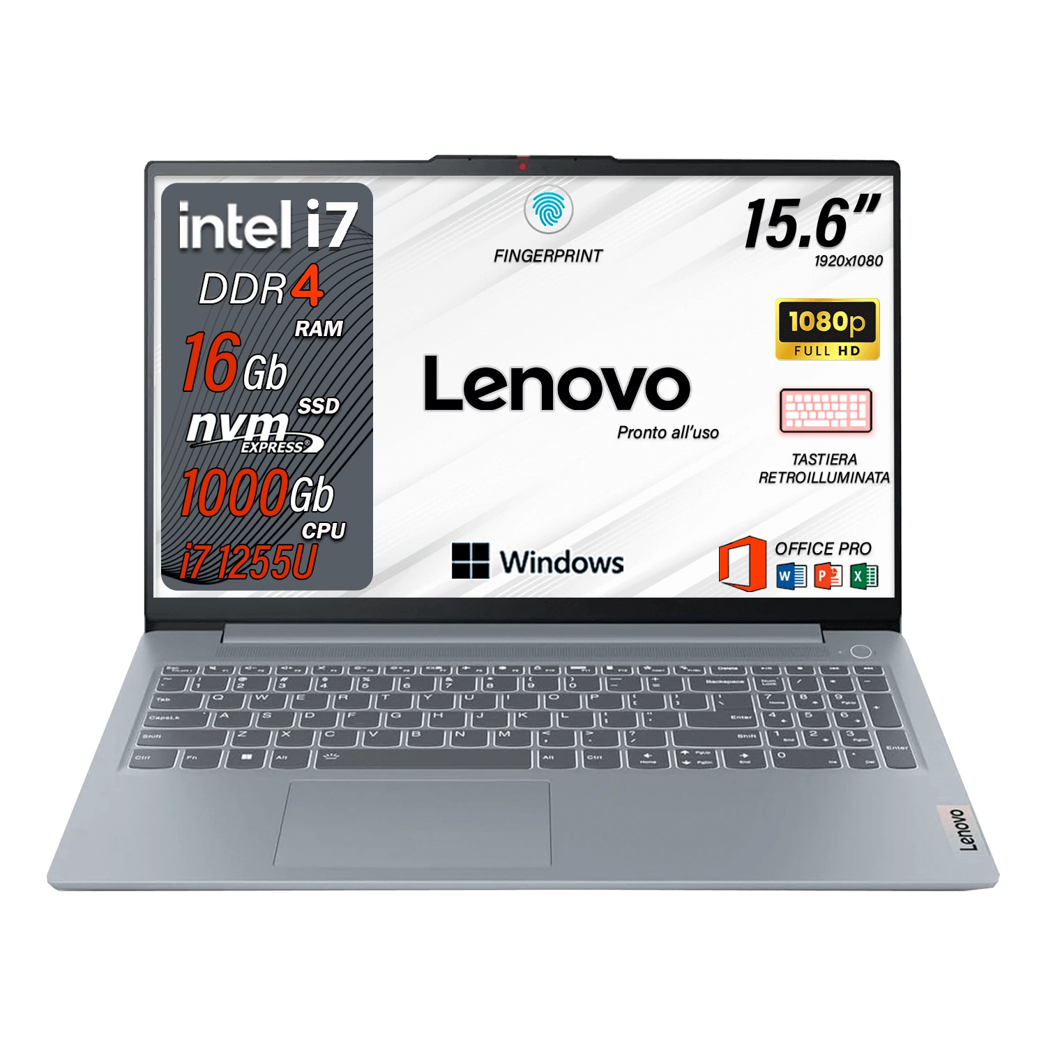 Lenovo ideapad , Pc portatile notebook , Intel i7 1255U , Display 15,6" Full HD , Ram 16 Gb , SSD 1000 Gb, Tastiera Retroilluminata , Windows 11 Pro , Office pro, Laptop pronto all'uso