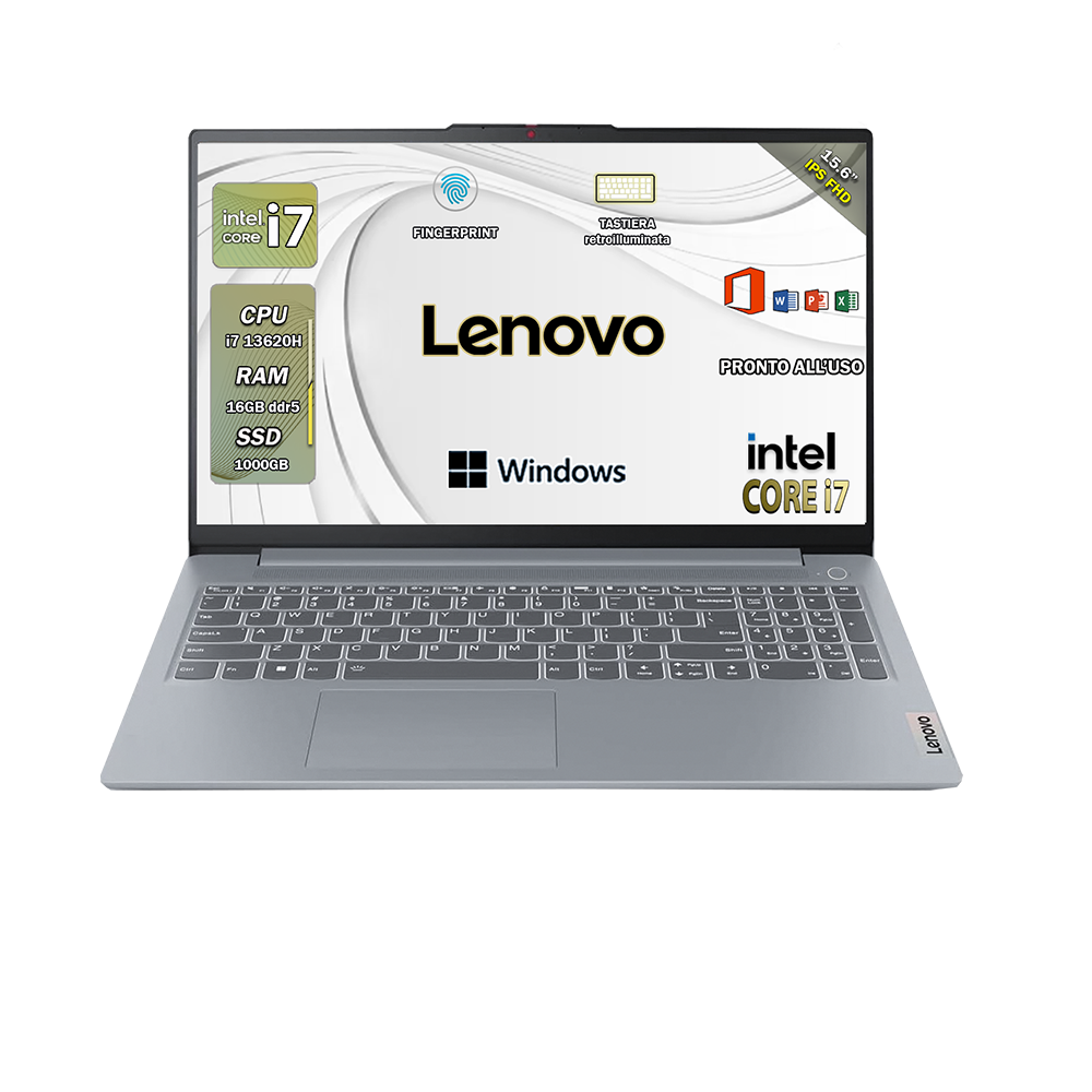 Lenovo ideapad slim , Pc portatile notebook , Intel i7 13620H, Display 15,6" Full HD, Ram 16Gb DDr5, SSD 1Tb, Tastiera Retroilluminata,  Windows 11 Pro , Office pro, Laptop pronto all'uso