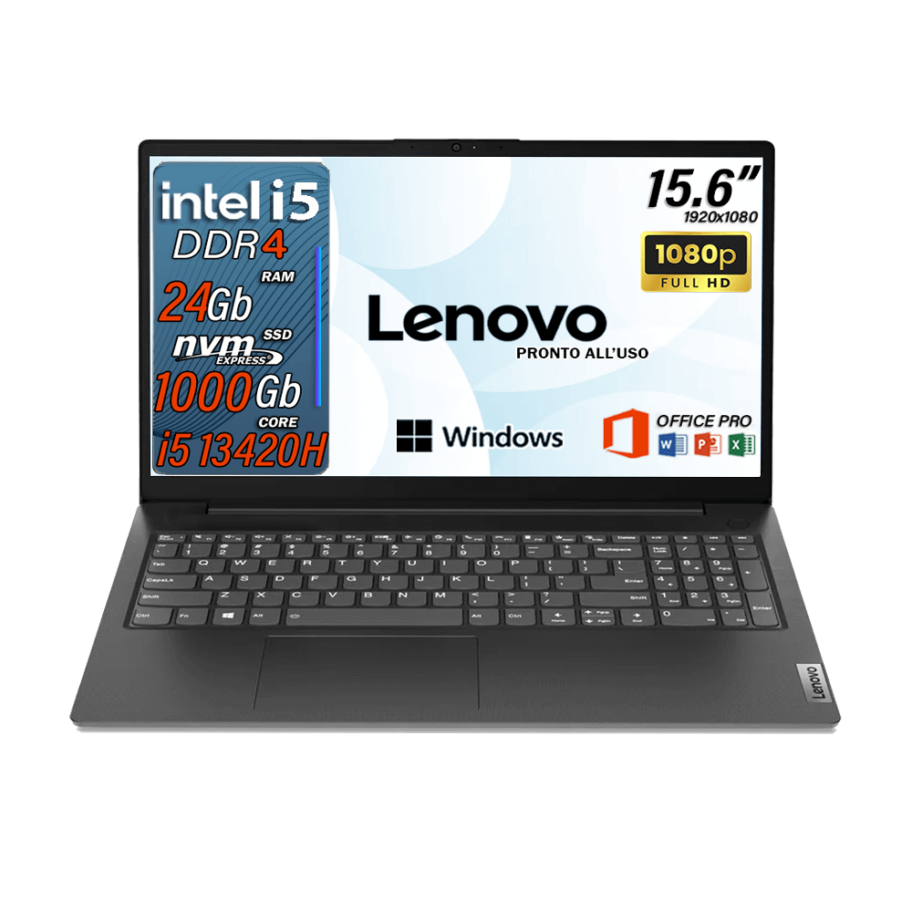 Lenovo Notebook , Pc portatile , Intel i5 13420H , Display 15,6" Full HD , Ram 24 Gb , SSD 1000 Gb, Windows 11 Pro , Office pro, Laptop pronto all'uso