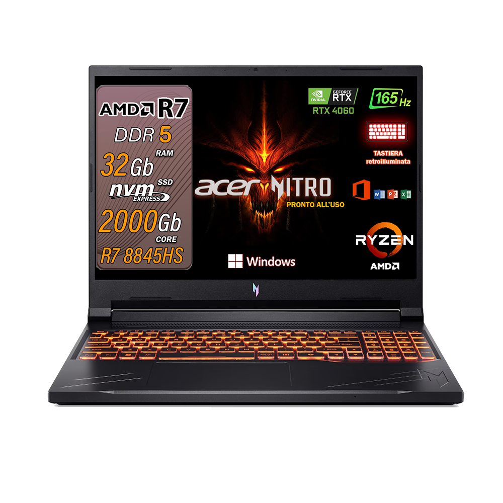 Acer Nitro V16 Notebook , Pc portatile Gaming Ryzen 7 8845HS , RTX 4060 8Gb , Ram 32 Gb Ddr5 , Display 16" WUXGA IPS 165 Hz , SSD 2000 Gb, Tastiera Retroilluminata , Windows 11 Pro , Office pro, Laptop pronto all'uso
