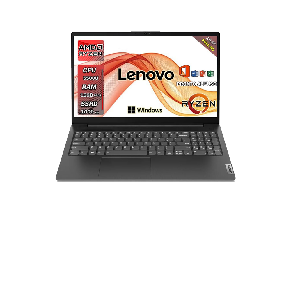 Lenovo Notebook , Pc portatile , Ryzen 5 5500U , Display 15,6" Full HD , Ram 16 Gb , SSHD 1000 Gb, Windows 11 Pro , Office pro, Laptop pronto all'uso